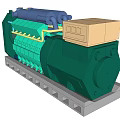 Industrial Diesel Engine With Green Body Blue Pipes Yellow Connectors Cooling Fan And Gray Base
