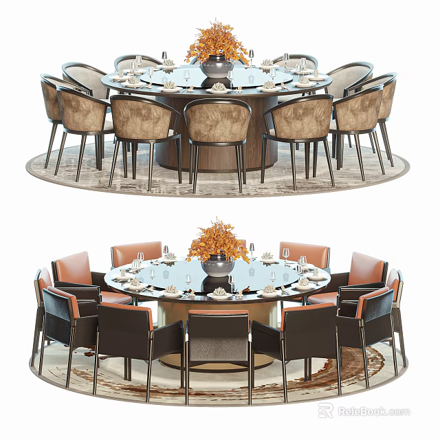 Modern Round Dining Table Set With Upholstered Chairs And Decorative Vase 3d model