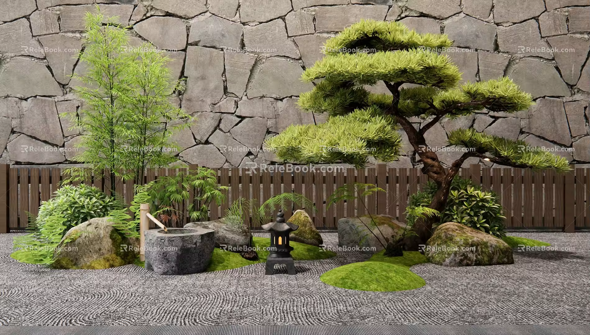 New Chinese Style Courtyard Micro Landscape Stone Pine Plant Combination Landscape Fern Green Plant 3d model