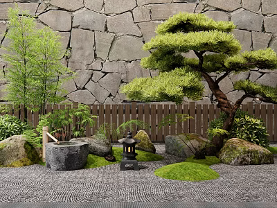 New Chinese Style Courtyard Micro Landscape Stone Pine Plant Combination Landscape Fern Green Plant 3d model