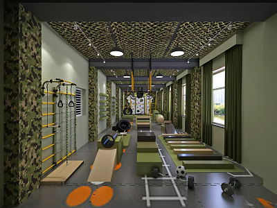 Indoor Fitness Training Gym With Camouflage Walls Rings Mats Balance Beams And Dumbbells 3d model