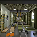 Indoor Fitness Training Gym With Camouflage Walls Rings Mats Balance Beams And Dumbbells