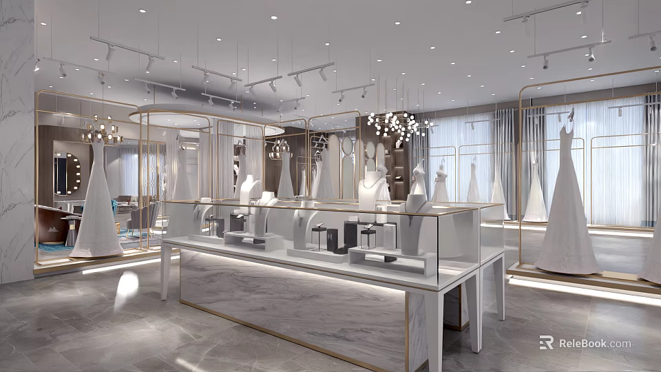 Elegant Modern Bridal Shop Interior With Wedding Dresses Display Cases And Lighting 3d model 