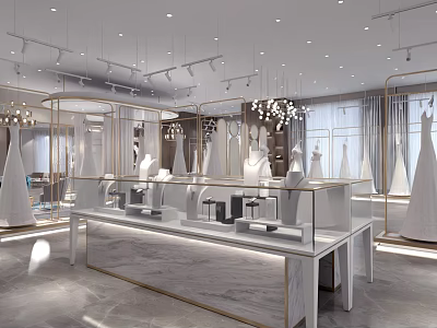 Elegant Modern Bridal Shop Interior With Wedding Dresses Display Cases And Lighting 3d model
