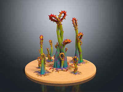 Vibrant 3D Modeled Plants With Green Stems Red Yellow Top Structures And Sandy Base 3d model