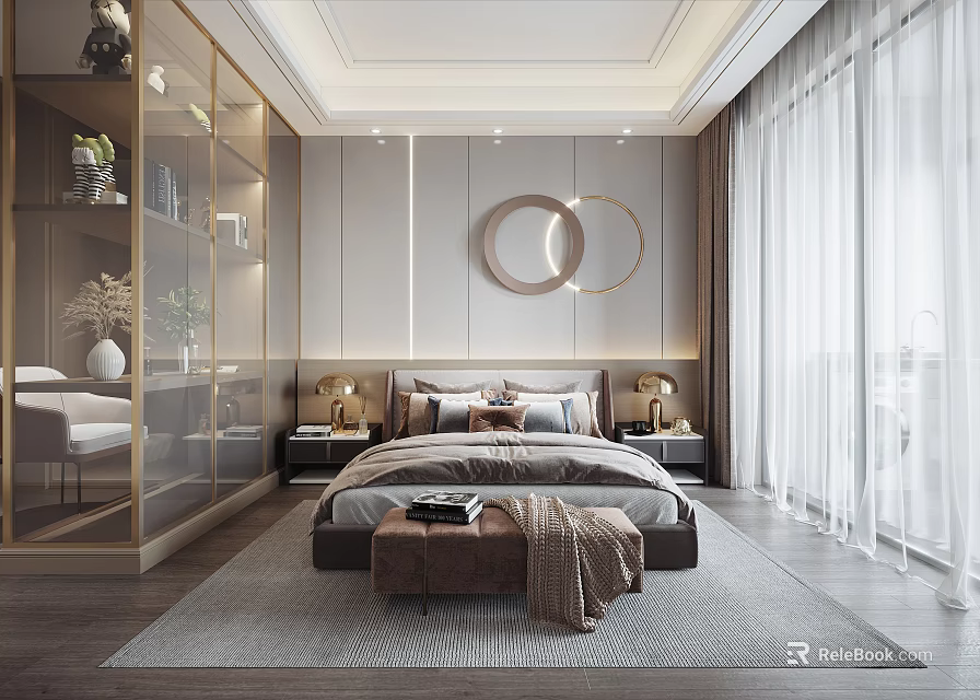 Modern Elegant Bedroom Interior With Circular Wall Decor Glass Door Wardrobe And White Curtains 3d model 