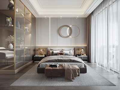 Modern Elegant Bedroom Interior With Circular Wall Decor Glass Door Wardrobe And White Curtains 3d model