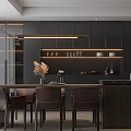 Modern Restaurant Interior Design With Black Cabinets Marble Countertop Pendant Lights And Brown Chairs