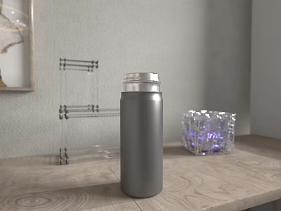 Gray Stainless Steel Insulated Cup On Wooden Table With Transparent Glass Decor And Purple Light 3d model