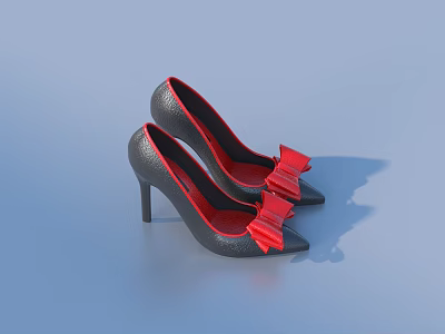 Black Pointed Toe High Heels With Red Bow And Stiletto Heel 3d model