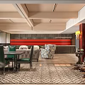 Inviting Lounge Area With Patterned Armchairs Sofa Pool Table Large Windows Green Lawn View Outside