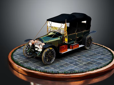 Vintage Classic Car with Black Top on Circular Display Platform with Stone Tiles and Grass 3d model