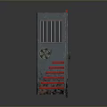 Metal Gate With Red Stripes Grid Design Double Doors One Open One Closed