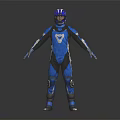 Man Wearing Blue Motorcycle Suit And Helmet In Full Body Protective Gear
