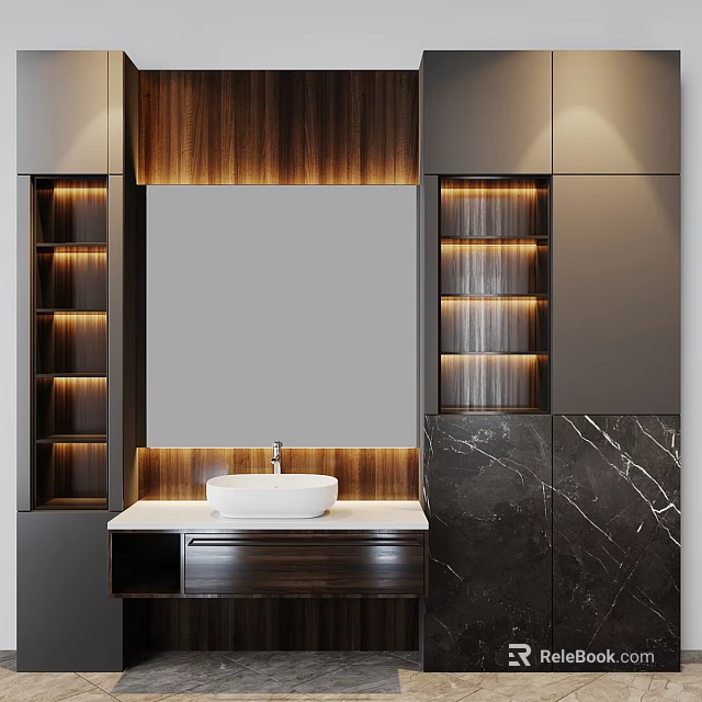 Modern Bathroom Vanity With Large Mirror Wooden Panel Lit Niches And Marble Backsplash 3d model 