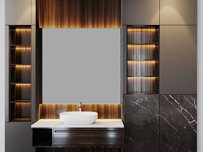 Modern Bathroom Vanity With Large Mirror Wooden Panel Lit Niches And Marble Backsplash 3d model