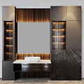 Modern Bathroom Vanity With Large Mirror Wooden Panel Lit Niches And Marble Backsplash