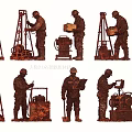 Group of Construction Workers Operating Equipment and Tools at Work Site