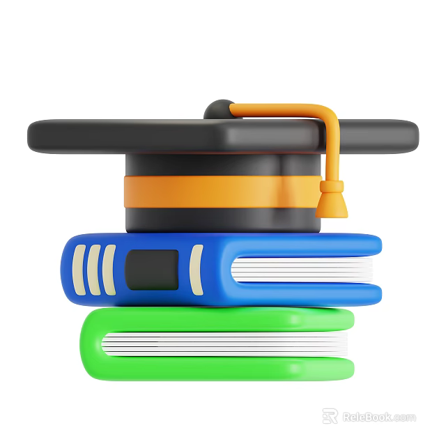 Black Graduation Cap With Orange Tassel On Stacked Blue And Green Books 3d model 