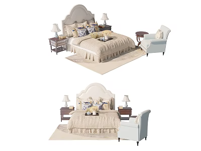 Elegant Double Bed with Upholstered Headboard Decorative Pillows Nightstands Lamps Accent Chair and Rug 3d model