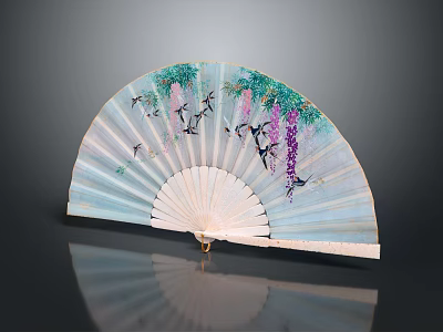 Traditional Chinese Fan Hanging Decor With Light Blue Surface And Wisteria Birds Design 3d model