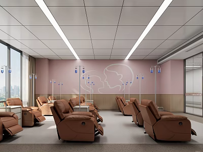 Hospital Outpatient Infusion Room Featuring Brown Leather Recliners Pink Walls White Outline And City View 3d model