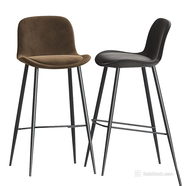 Modern Brown and Black Velvet Bar Stools with Sleek Metal Legs Design 3d model 