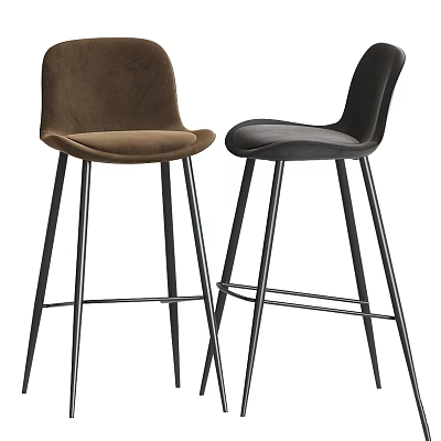 Modern Brown and Black Velvet Bar Stools with Sleek Metal Legs Design 3d model