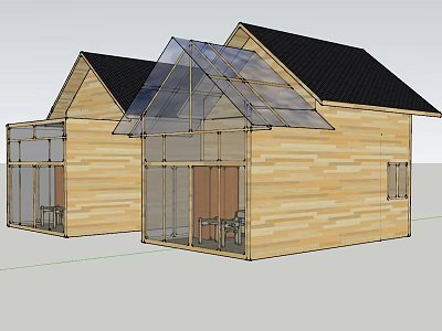 Wooden Hotel Building Architecture With Sloped Black Roof And Glass Transparent Sections 3d model