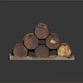 Old Weathered Rusty Oil Drums Stacked on Wooden Board as Household Items