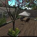 Lush Garden Landscape With Stone Path Trees Flowers Building And Sunlit Greenery