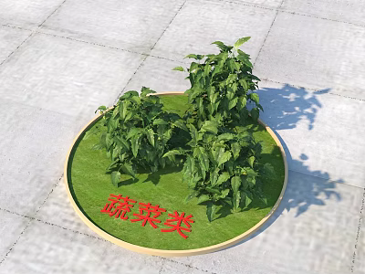 Garden Decor With Circular Grass Patch Golden Border And Green Vegetable Plants 3d model
