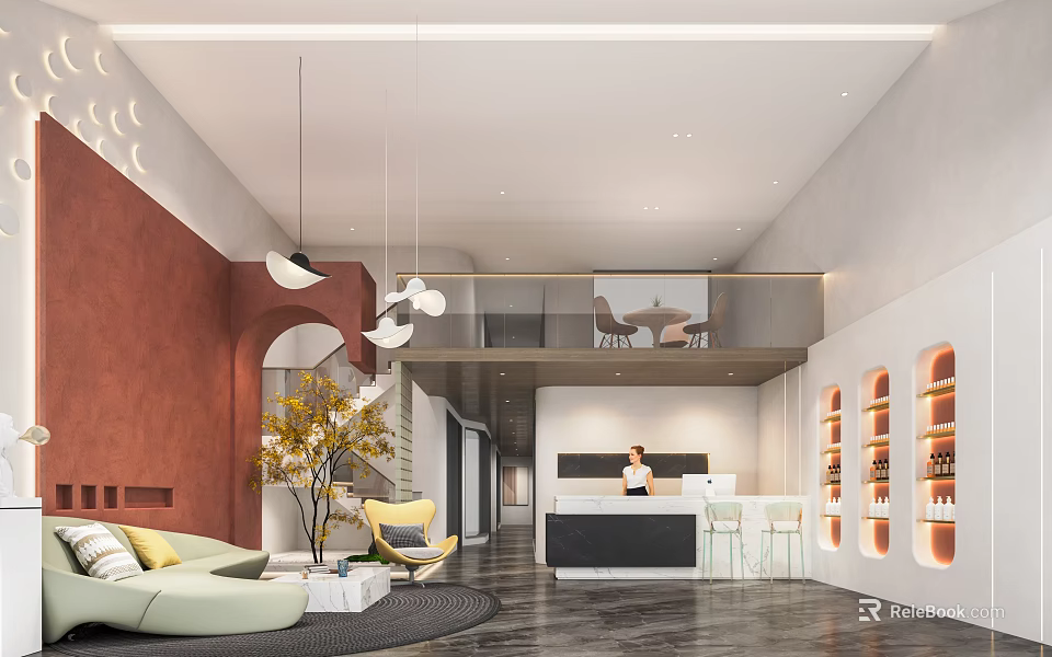 Modern Beauty Hair Salon Interior With Comfortable Seating Stylish Lighting And Decorative Plants 3d model 