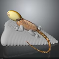Orange and White Spotted Lizard with Yellow Head Structure on White Rock Against Dark Background