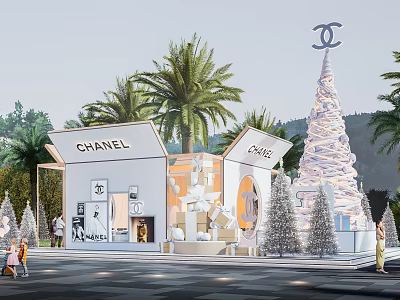 Chanel Festive Exhibition Storefront With Decorated Christmas Tree And Palm Trees Nearby 3d model
