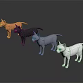 Various Colored Cat Toy Figurines Standing On Dark Reflective Background