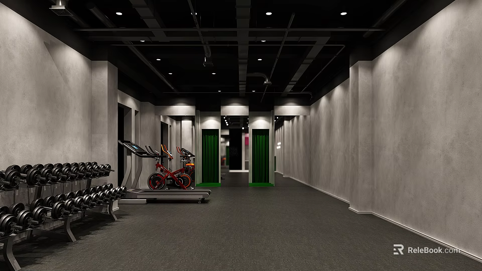 Gym Workout Space with Dumbbells Treadmills Red Exercise Bikes Green Partitions Gray Walls Black Ceiling 3d model 