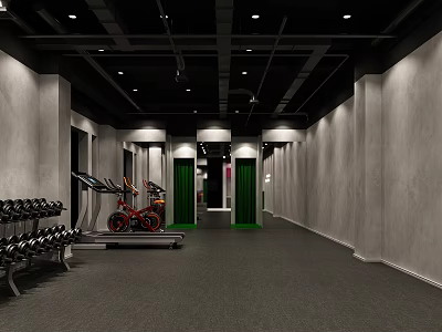 Gym Workout Space with Dumbbells Treadmills Red Exercise Bikes Green Partitions Gray Walls Black Ceiling 3d model