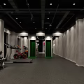 Gym Workout Space with Dumbbells Treadmills Red Exercise Bikes Green Partitions Gray Walls Black Ceiling