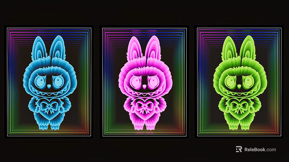 Three Colorful Rabbit Art Installations With Neon Glow Effect And Vibrant Borders 3d model 