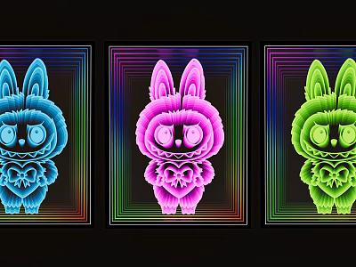 Three Colorful Rabbit Art Installations With Neon Glow Effect And Vibrant Borders 3d model