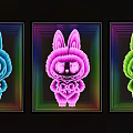 Three Colorful Rabbit Art Installations With Neon Glow Effect And Vibrant Borders