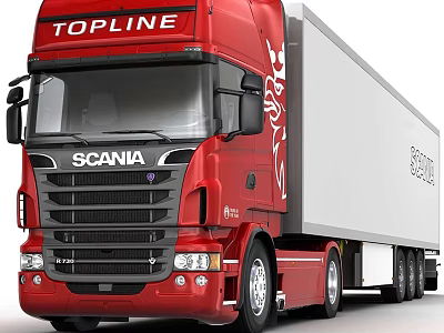 Red Scania Functional Truck With White Cargo Trailer For Transportation 3d model