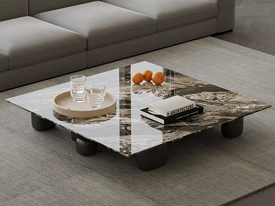 Square Coffee Table With Marble Surface Black Legs Tray Glass Cups Oranges And Book 3d model
