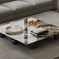 Square Coffee Table With Marble Surface Black Legs Tray Glass Cups Oranges And Book