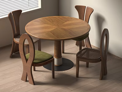 Round Wooden Dining Table Set With Four Chairs Green Padded Seats Woven Backrests Indoor 3d model