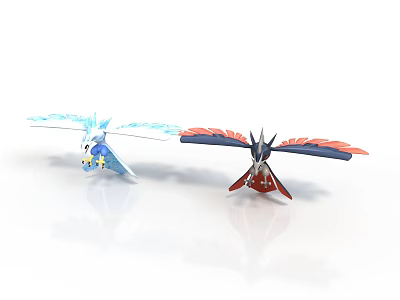Mythical Birds with Blue and Red Feathered Wings Displayed in White Background 3d model