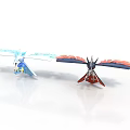 Mythical Birds with Blue and Red Feathered Wings Displayed in White Background