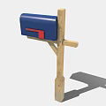 Blue Mailbox With Red Door Mounted On Wooden Post For Home Exterior
