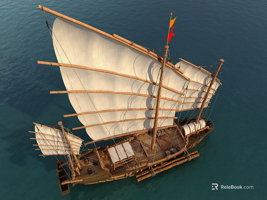 Wooden Ship With Large Sails And Flag Sailing On Blue Ocean 3d model 